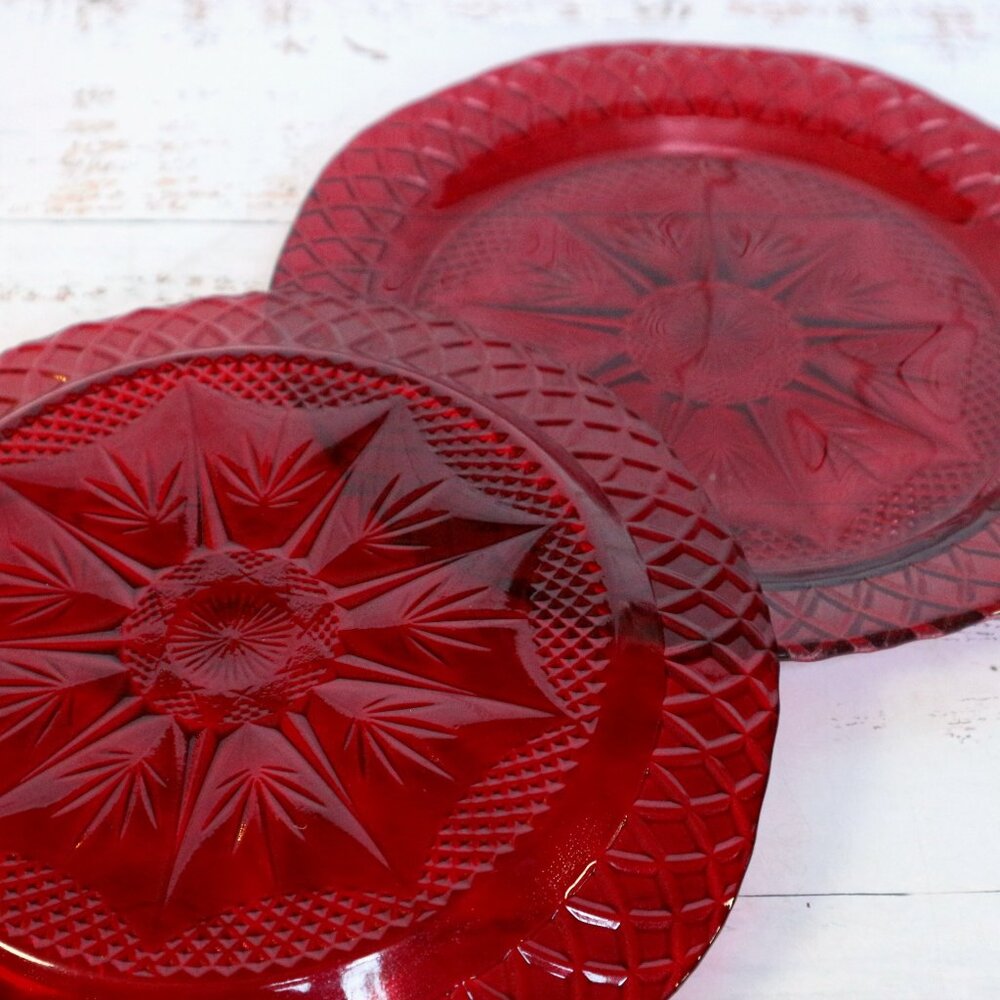 Vintage Cristal D'Arques-Durand Antique Ruby Red Pressed Glass Luncheon Plates